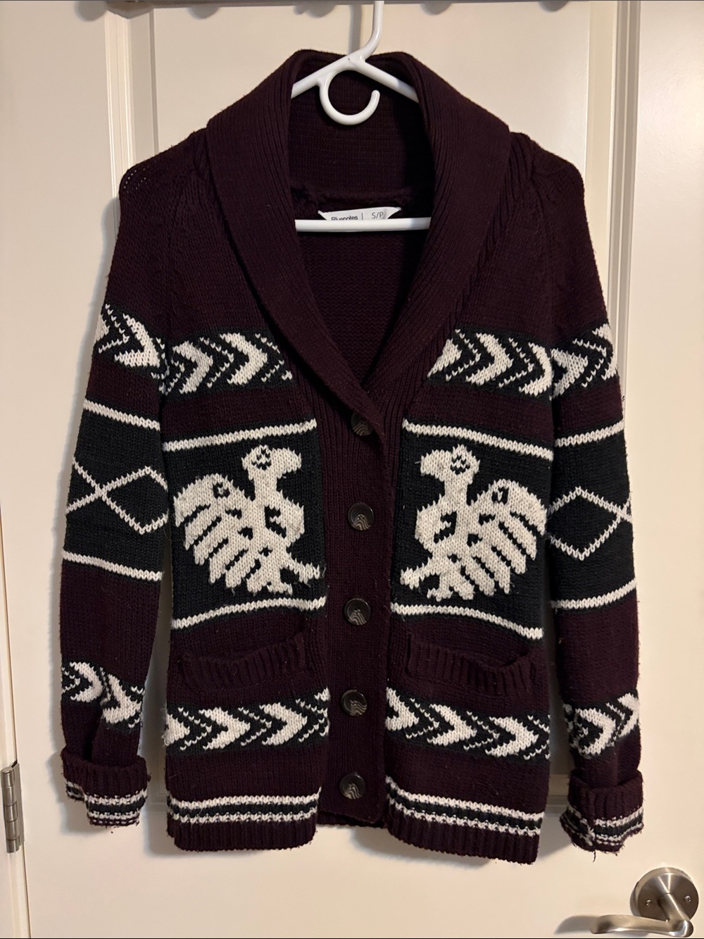 Bluenotes Maroon Shawl Collar Button-Up Cardigan with Cream Pattern
